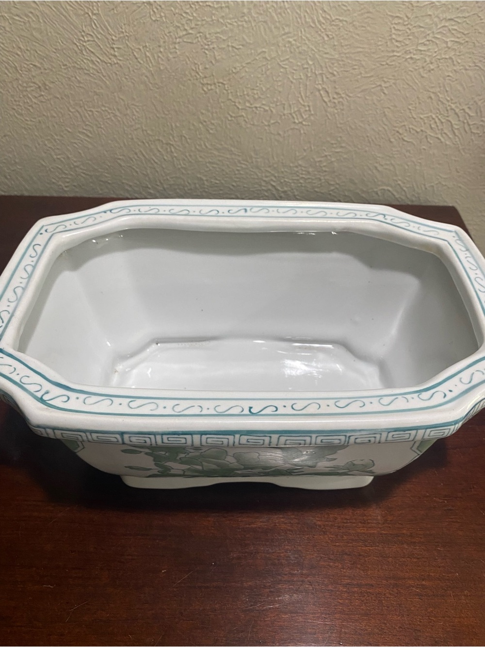 Rectangular Ceramic Planter, Distinctive Green & White Chinoiserie Floral Design - Picture 2 of 12